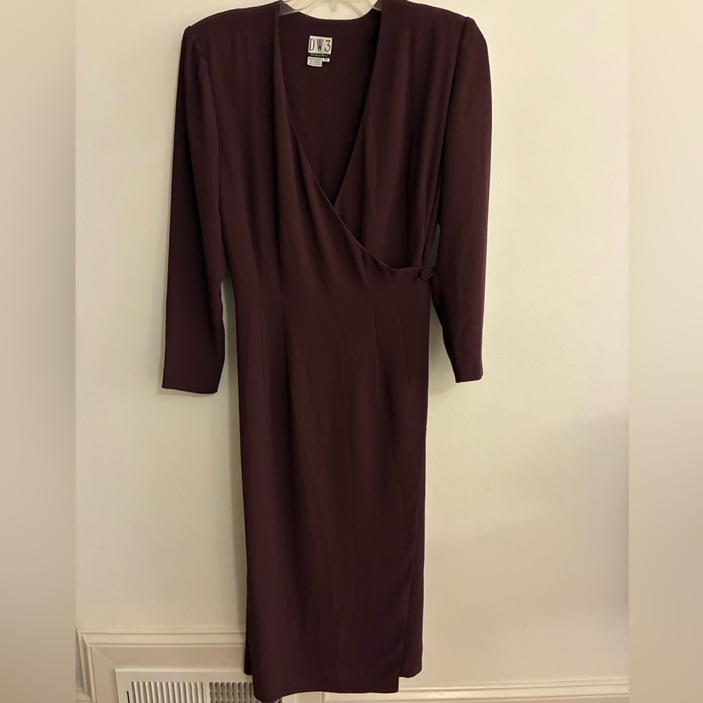 Vintage DW3 Long Sleeve Wrap-Style Midi Dress in Deep Plum, sz 14